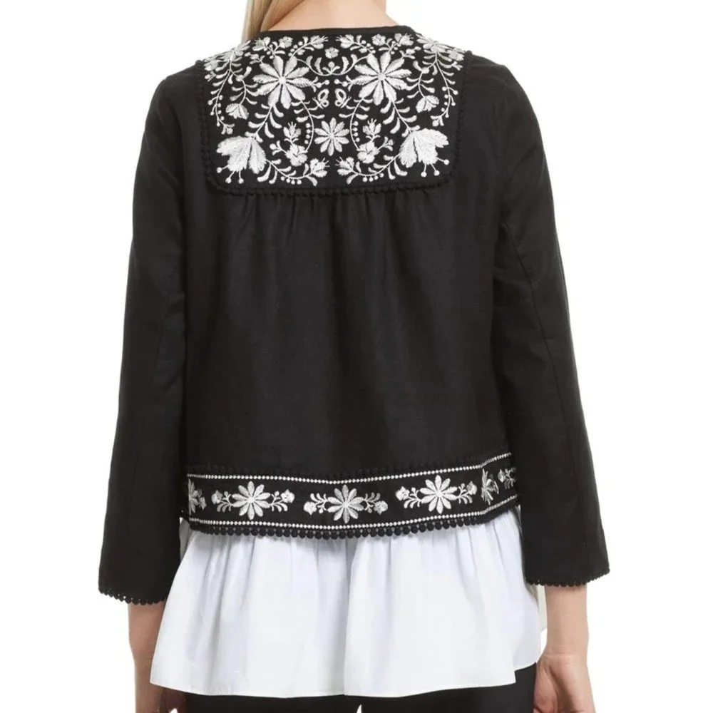 Kate Spade Black Linen Blend Crop Jacket Floral Embroidery Womens Medium